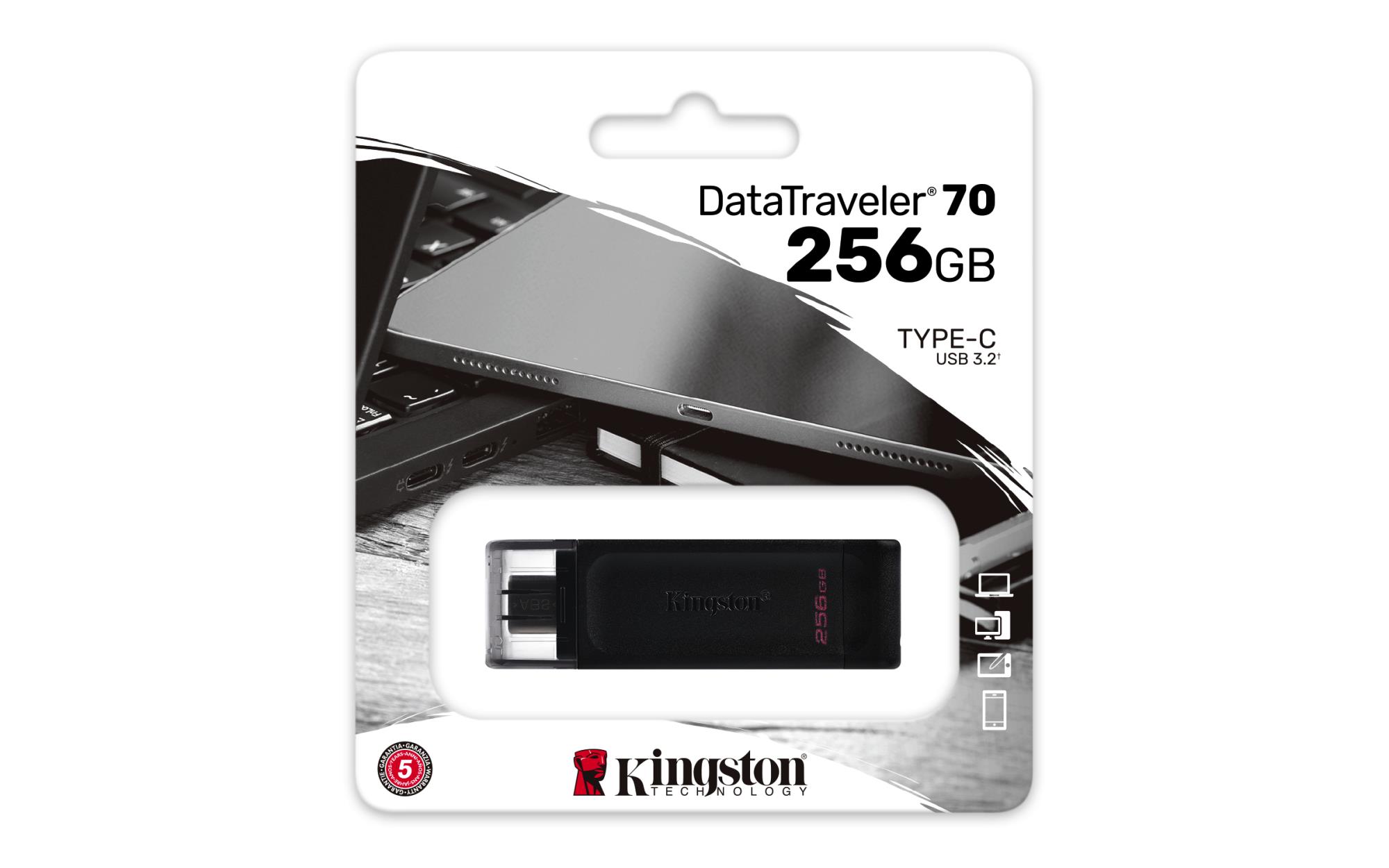 0208a959-9adf-4687-b1bc-bec0779e1824 USB flash drive DataTraveler 70, šoninis vaizdas su USB-C jungtimi