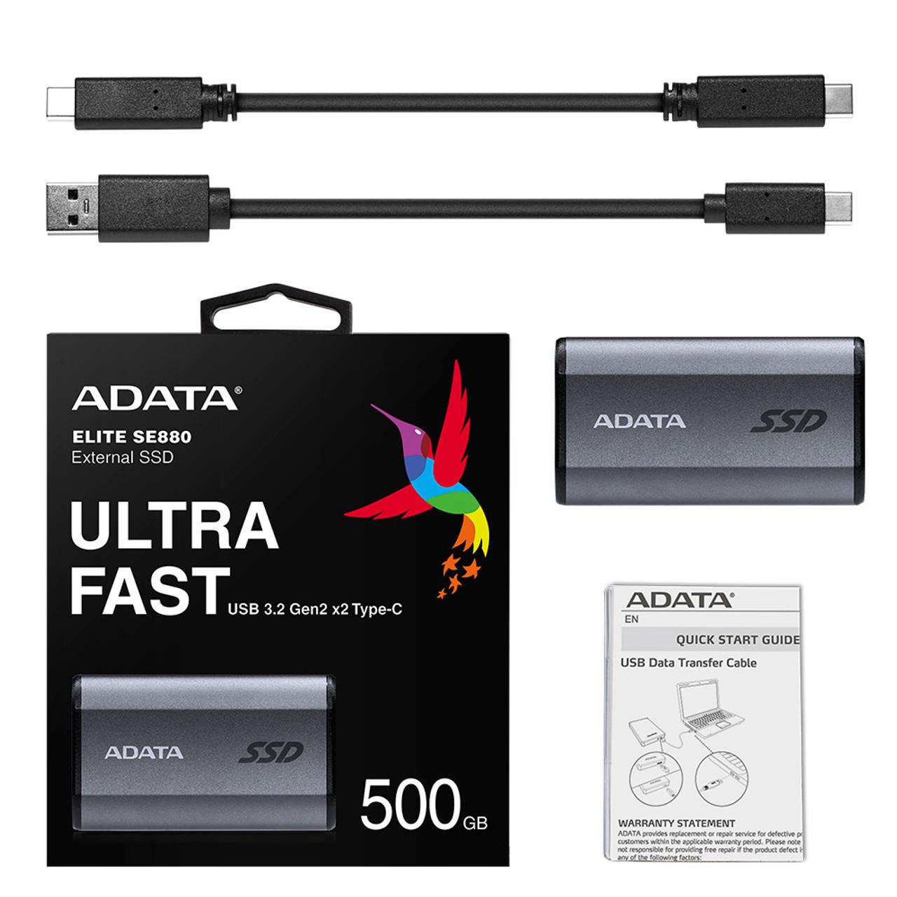 0dbb4a80-c4de-43cc-9fbe-02bed9781de5 Išorinis SSD ADATA SE880, matomas iš šono su Type-C prievadu