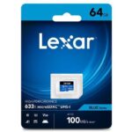 Lexar 64GB microSDHC kortelė, matoma iš priekio su etiketėmis