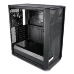 Korpusas Fractal Design Meshify C, matomas iš šono, atidarytas su aiškiai matomais vidiniais komponentais