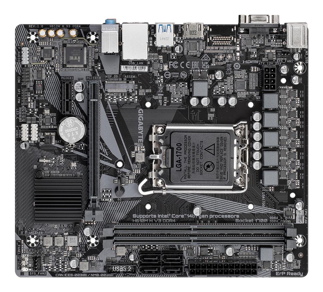 25963556-15f4-4923-9e95-61b1a807ee88-1 Motininė plokštė Gigabyte H610M H V3 DDR4, šoninis vaizdas su jungčių išdėstymu