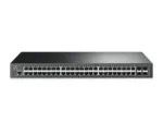 TP-LINK T2600G-52TS komutatorius, matomas iš šono, rodo prievadų išdėstymą