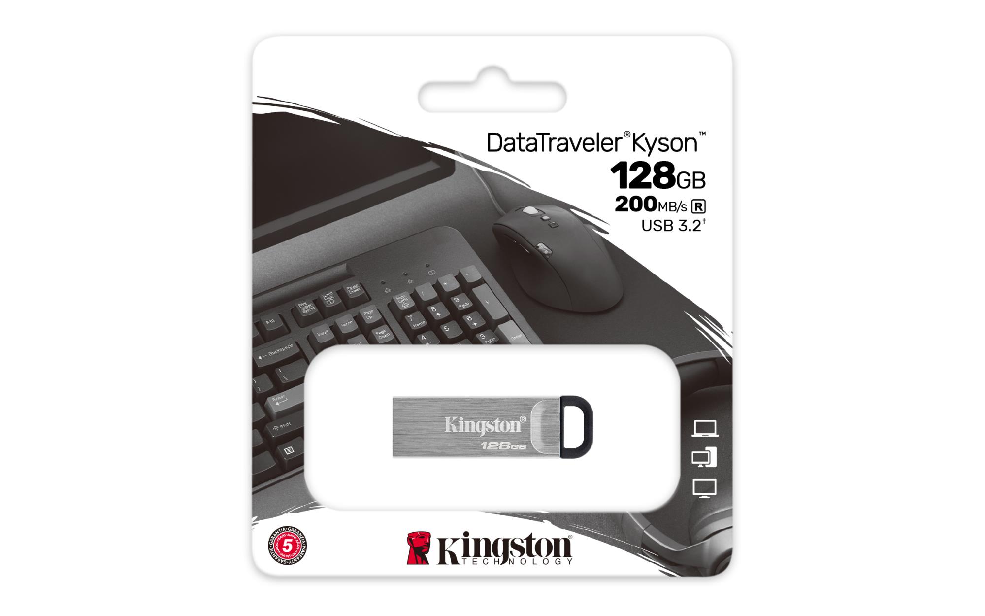 2d2c3740-1fad-45a1-9ac5-cb33511dc6d9 USB atmintinė Kingston DataTraveler Kyson, šoninis vaizdas su USB jungtimi