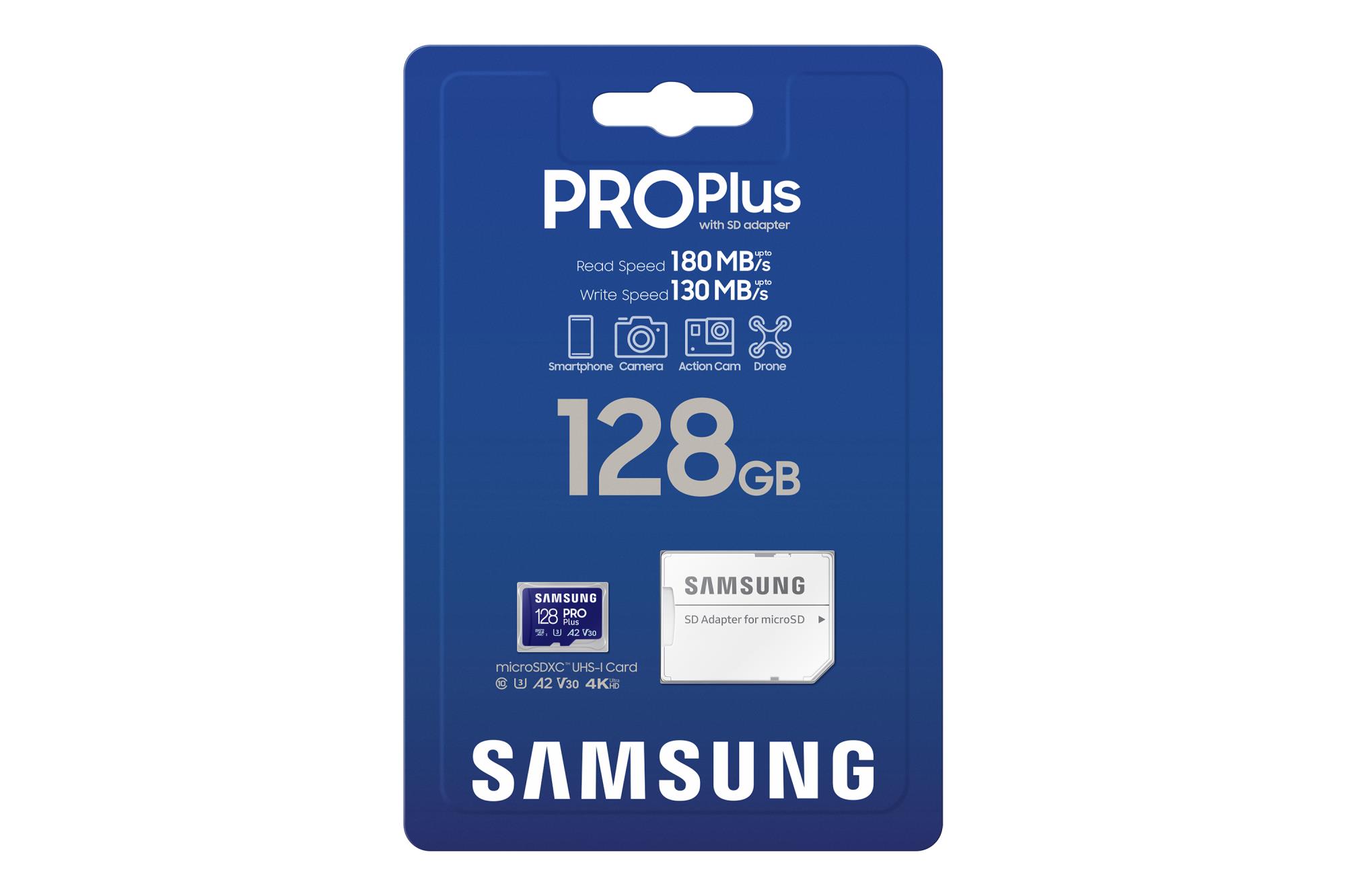 2f48b53c-baea-49bb-8dd0-26ad4012f2dc MicroSD kortelė Samsung PRO Plus 128 GB su SD adapteriu, matoma iš šono