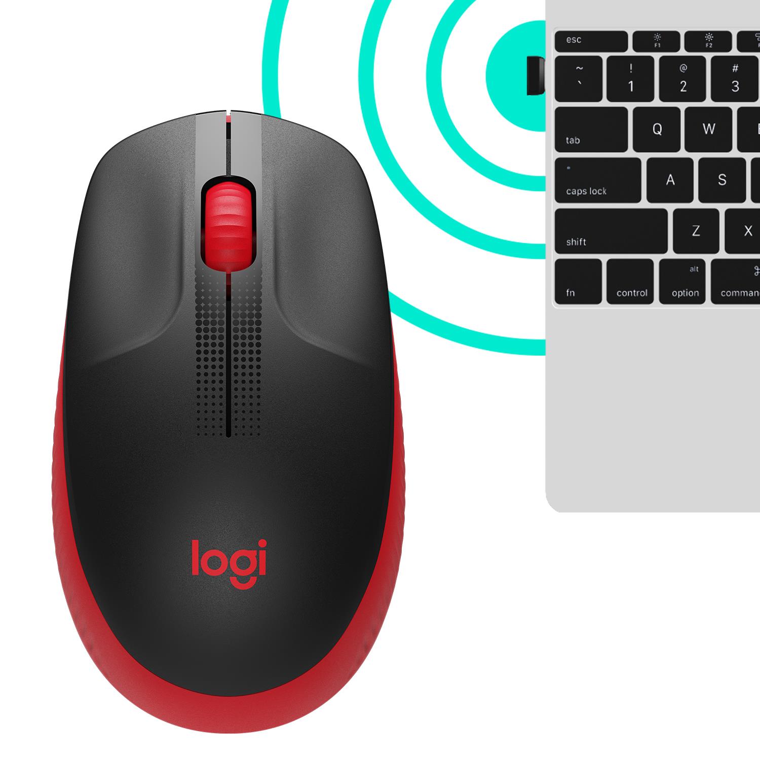 3b97a5f9-99a1-453e-b634-114dd302cc52 Pelė Logitech M190 raudona, matoma iš viršaus su mygtukais ir ratuku