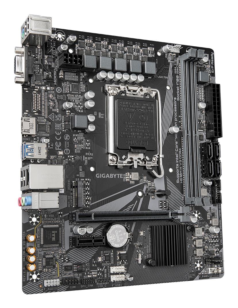 3d3a2a08-e1e6-402b-adff-b242de1b4ef0-1 Motininė plokštė Gigabyte H610M H V3 DDR4, šoninis vaizdas su jungčių išdėstymu