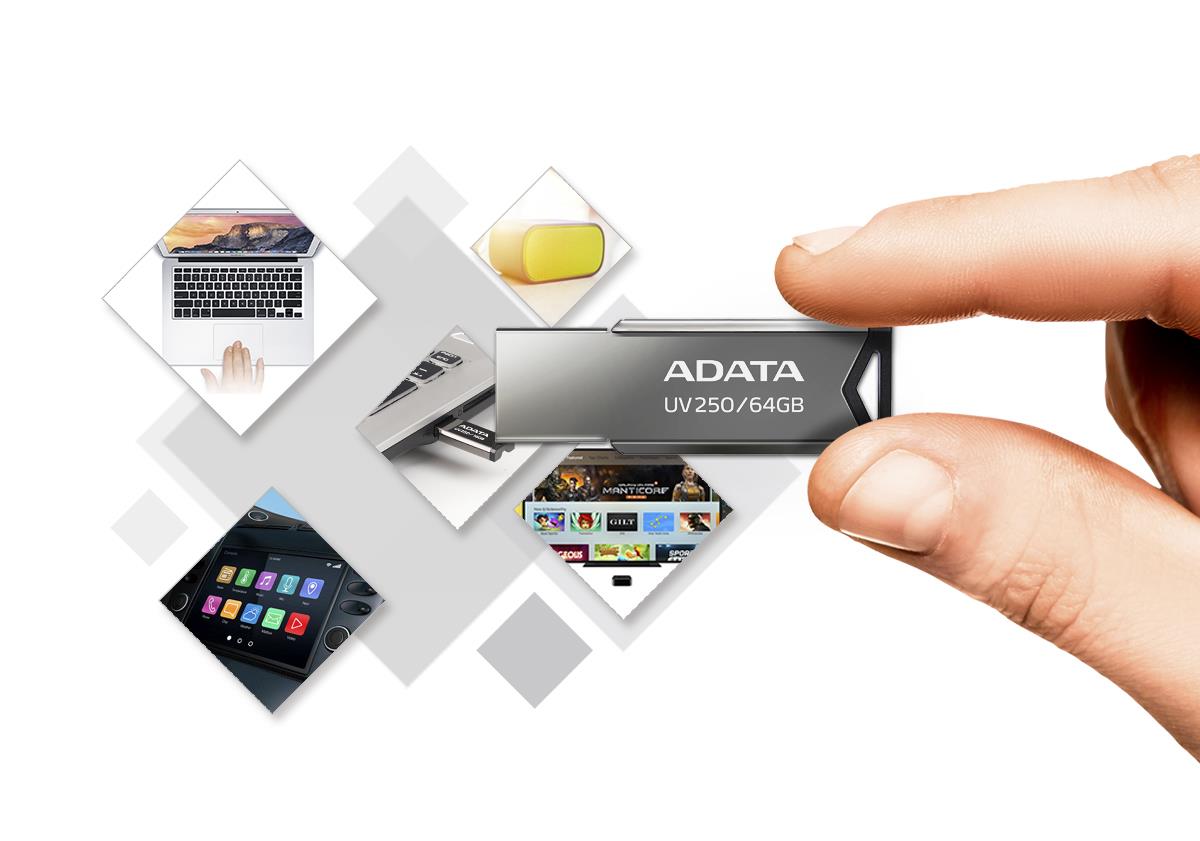 429ae6a2-d24c-496d-815a-932676393348 USB atmintinė ADATA UV250 32 GB, šoninis vaizdas su juodu kilpeliu