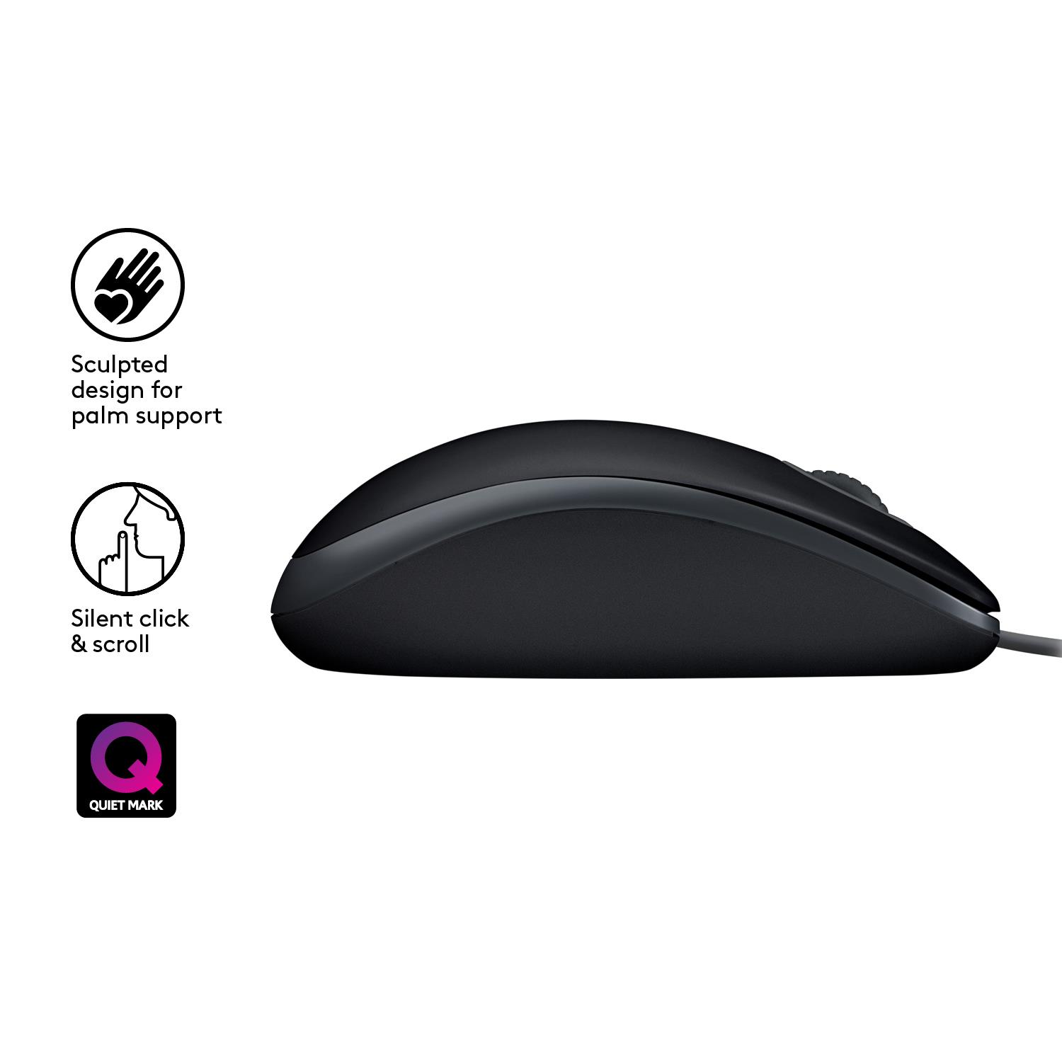 46757ca2-9f00-4134-9fd6-075da4866aa5 Pelė Logitech B110 Silent, laidinė, USB jungtis, juoda spalva, iš šono
