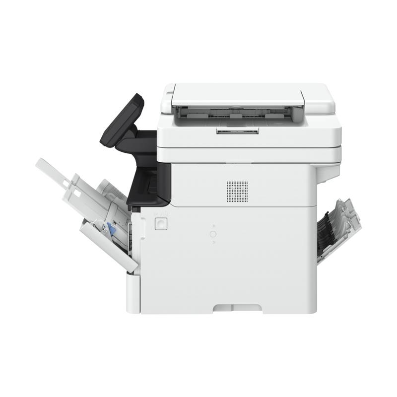 4885adb8-9987-445d-86ac-538a06c9dc90 Canon i-SENSYS MF461dw spausdintuvas, matomas iš šono su atidarytu skeneriu