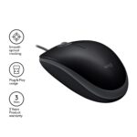 Pelė Logitech B110 Silent, juoda, iš arti, rodo mygtukus ir jungtį