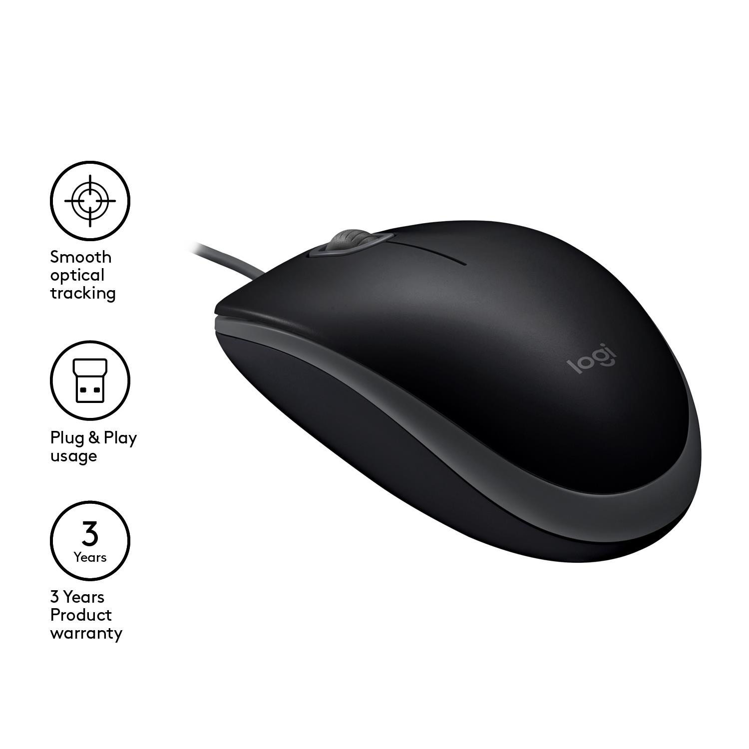5126b5fe-d893-4916-87f6-d2202d25c21b Pelė Logitech B110 Silent, juoda, iš arti, rodo mygtukus ir jungtį