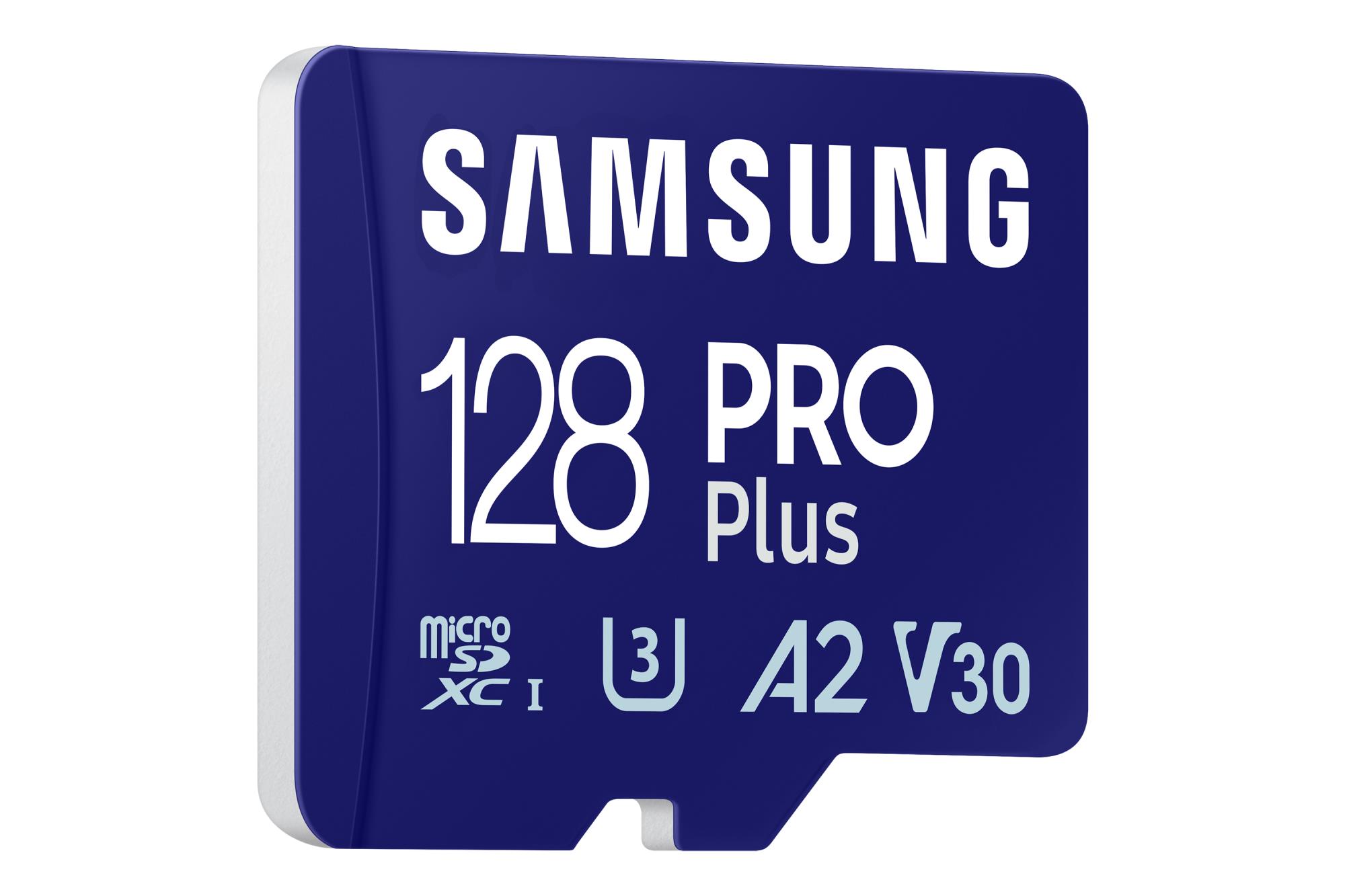 6d9e43c3-7045-47d8-b61e-b04802b5a874 MicroSD kortelė Samsung PRO Plus 128 GB su SD adapteriu, matoma iš šono