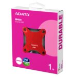 Išorinis SSD ADATA SD620, raudonas, matomas iš šono su USB 3.2 Gen 2 jungtimi