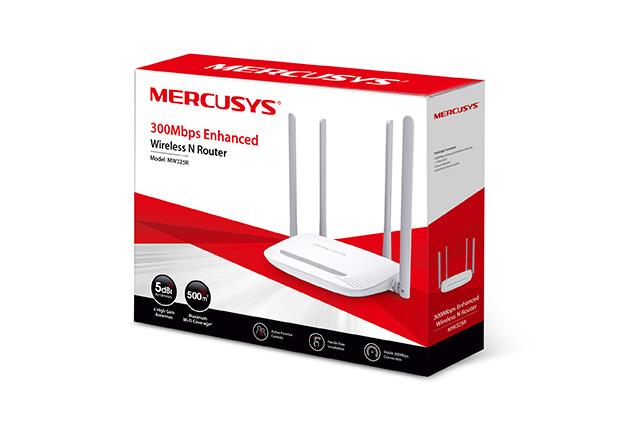 7e7fdfa1-2cf8-4add-8e7f-ef7874e27936 Routeris MERCUSYS MW325R, matomas iš šono, su antenomis ir prievadais