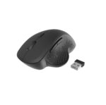 Pelė su USB Nano-imtuvu, matoma iš šono, rodo mygtukus ir ergonominį dizainą