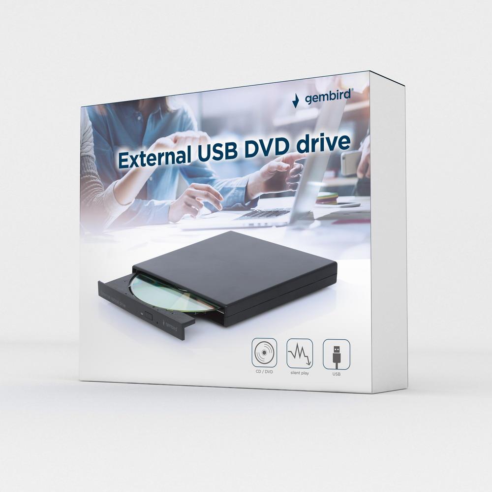 82d8f52a-dce3-425b-9c41-381bc6fb6b6a Išorinis USB DVD įrenginys, matomas iš šono su prijungtu USB kabeliu