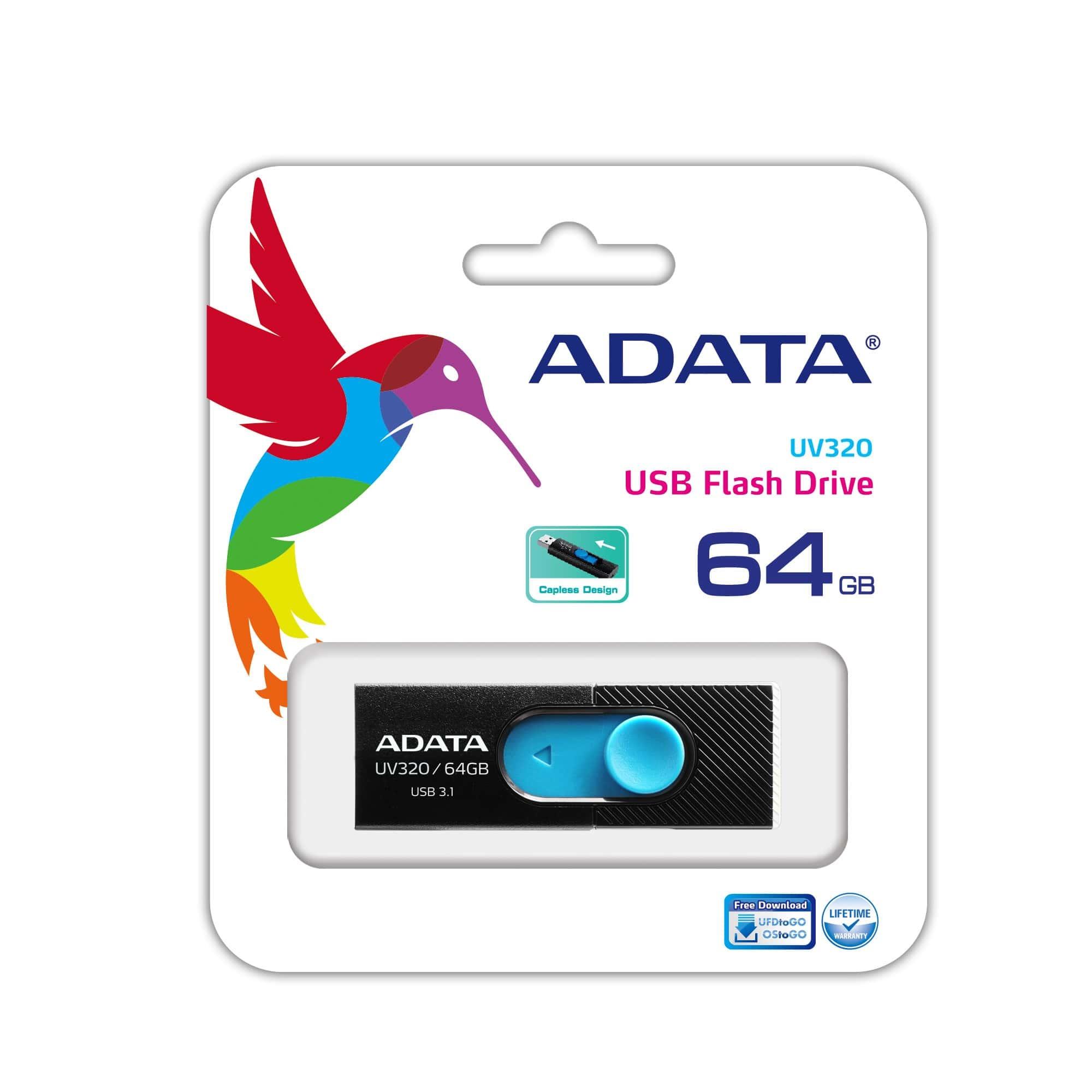 831f9f15-6324-4dcf-b06d-a0fa7097839b USB atmintinė ADATA UV320 su atidarytu USB jungtimi, juoda/mėlyna