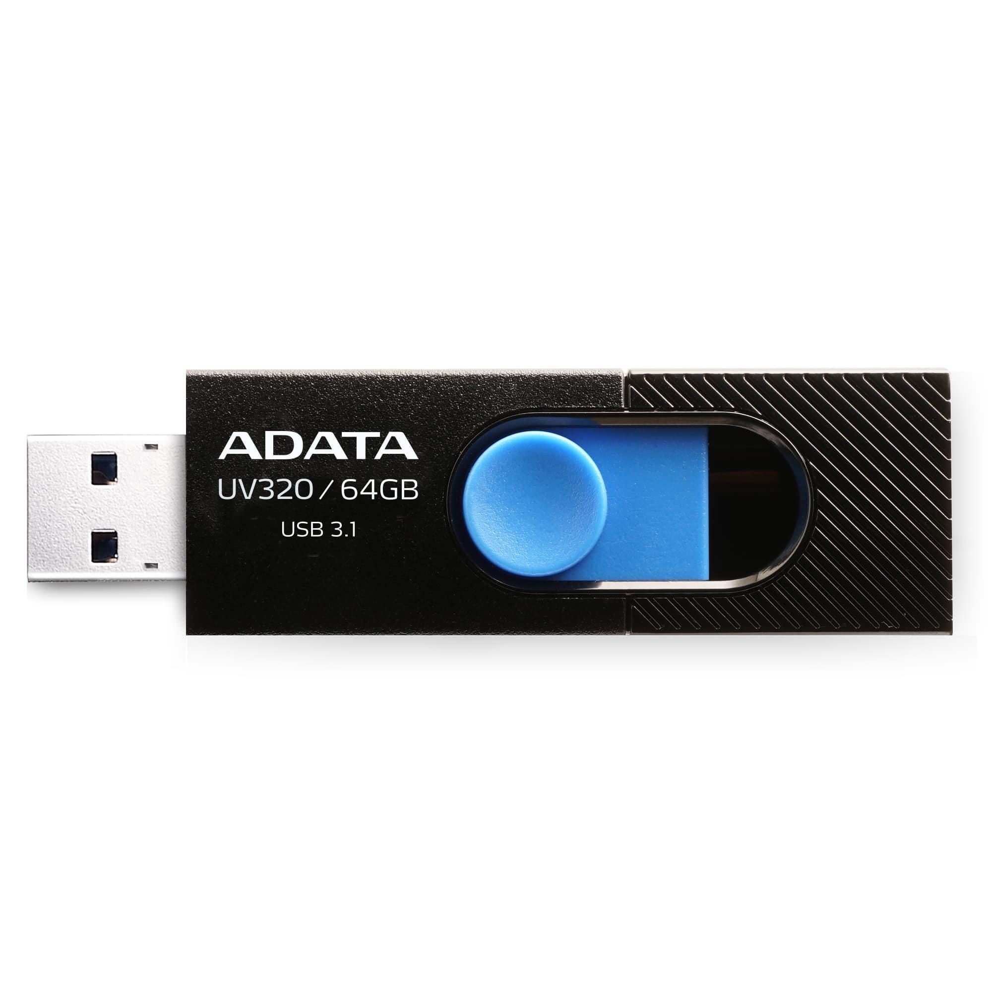 8e1619d4-3af4-441e-a69c-36b16385f4f4 USB atmintinė ADATA UV320, juoda/mėlyna, su atidarytu USB jungtimi