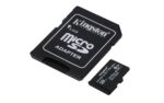 microSDHC kortelė su SD adapteriu, matoma iš viršaus