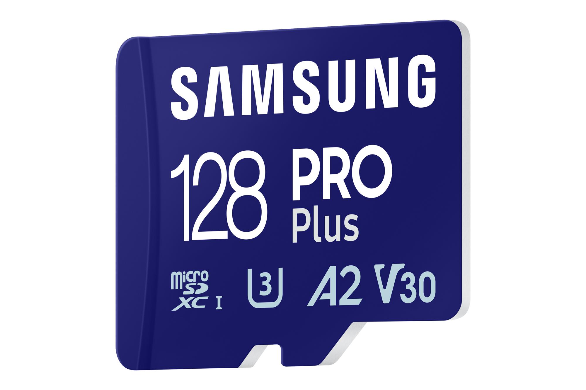 afb84cc1-8d56-410a-b074-7ec457f78a26 MicroSD kortelė Samsung PRO Plus 128 GB su SD adapteriu, matoma iš šono