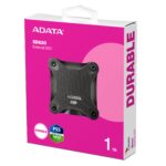 Išorinis SSD ADATA SD620, juodas, matomas iš šono su USB 3.2 Gen 2 jungtimi
