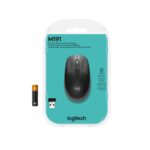 Pelė Logitech M190, matoma iš viršaus, su USB jungtimi