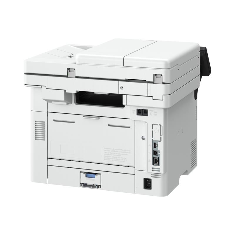 e868e33d-57a2-4454-b9a8-1a3feea271e8 Canon I-SENSYS MF465DW spausdintuvas, matomas iš šono su atidarytu skeneriu