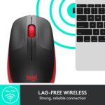 Pelė Logitech M190, raudona, matoma iš šono su mygtukais