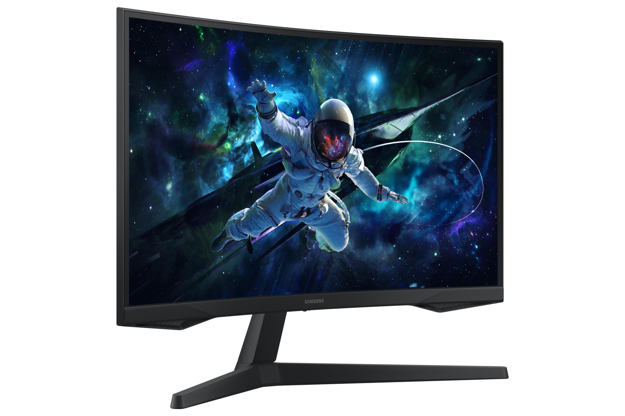 eedfc332-1408-4ff0-8bc7-cdd9890924c5 Monitorius Samsung LS27CG552EUXEN, matomas iš šono, rodo ekraną ir stovo konstrukciją