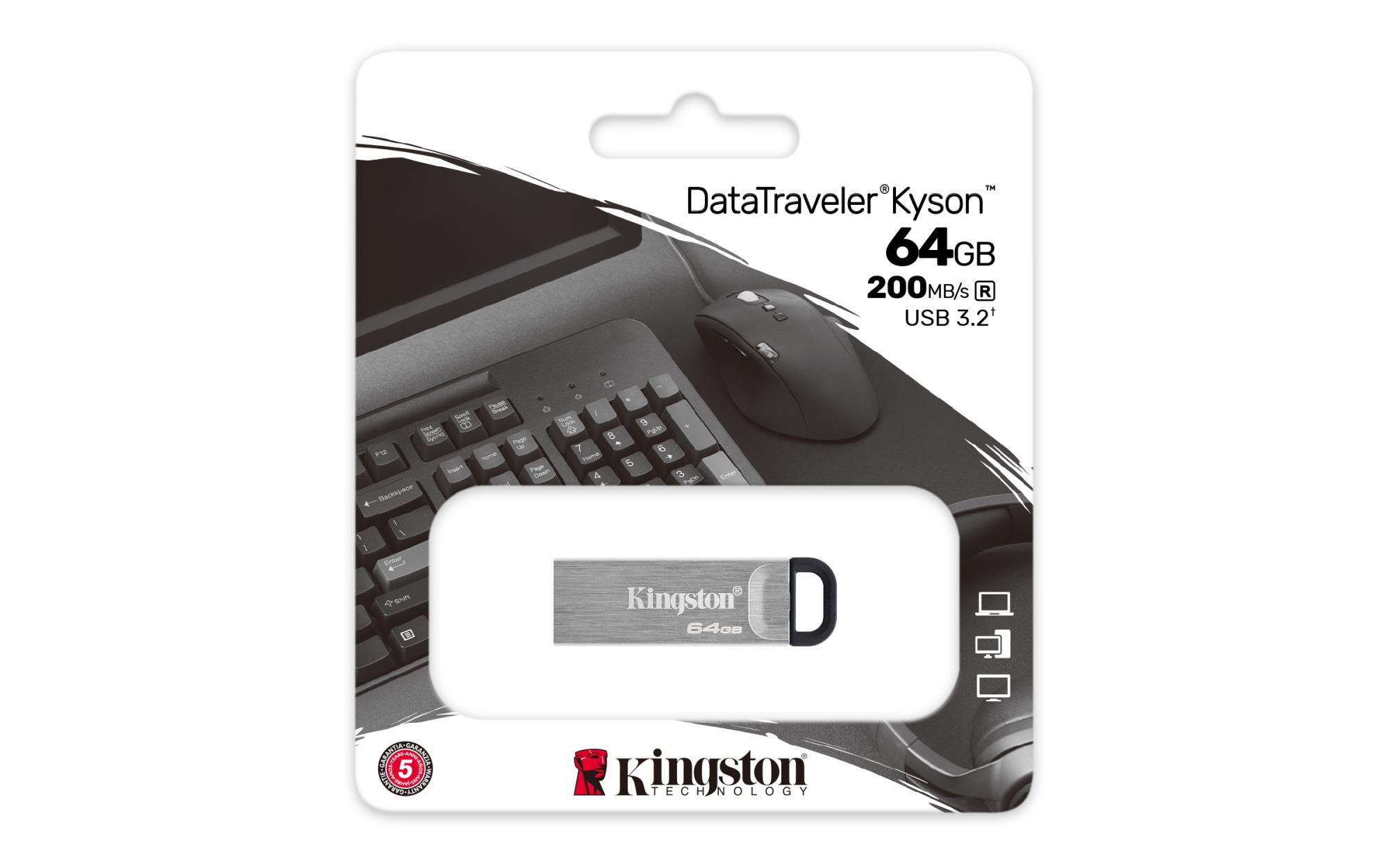 ef08a9bc-1306-430b-b4f7-c2e24dae552f USB atmintinė Kingston DataTraveler Kyson, šoninis vaizdas su jungtimi