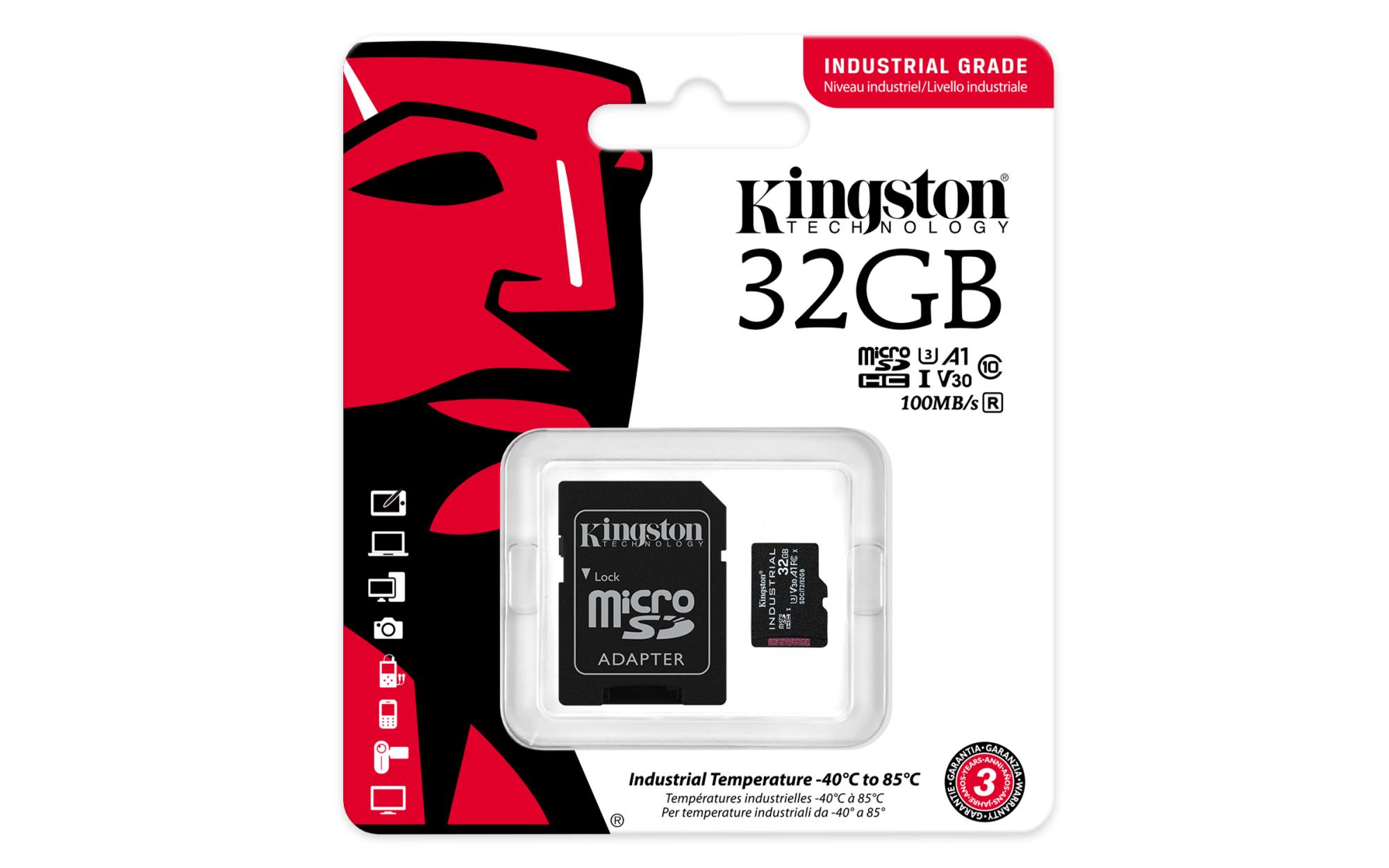 fe09b5df-99ac-480c-823f-7f08aff2fce1 microSDHC kortelė Kingston UHS-I 32 GB, matoma iš šono su etiketėmis