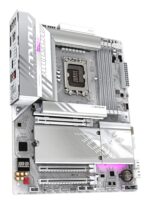 Motininė plokštė Gigabyte Z890 A ELITE WF7 ICE, matoma iš šono su jungtimis