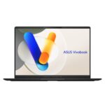 Nešiojamas kompiuteris Asus Vivobook S 14 OLED, matomas iš šono, su atidarytu ekranu
