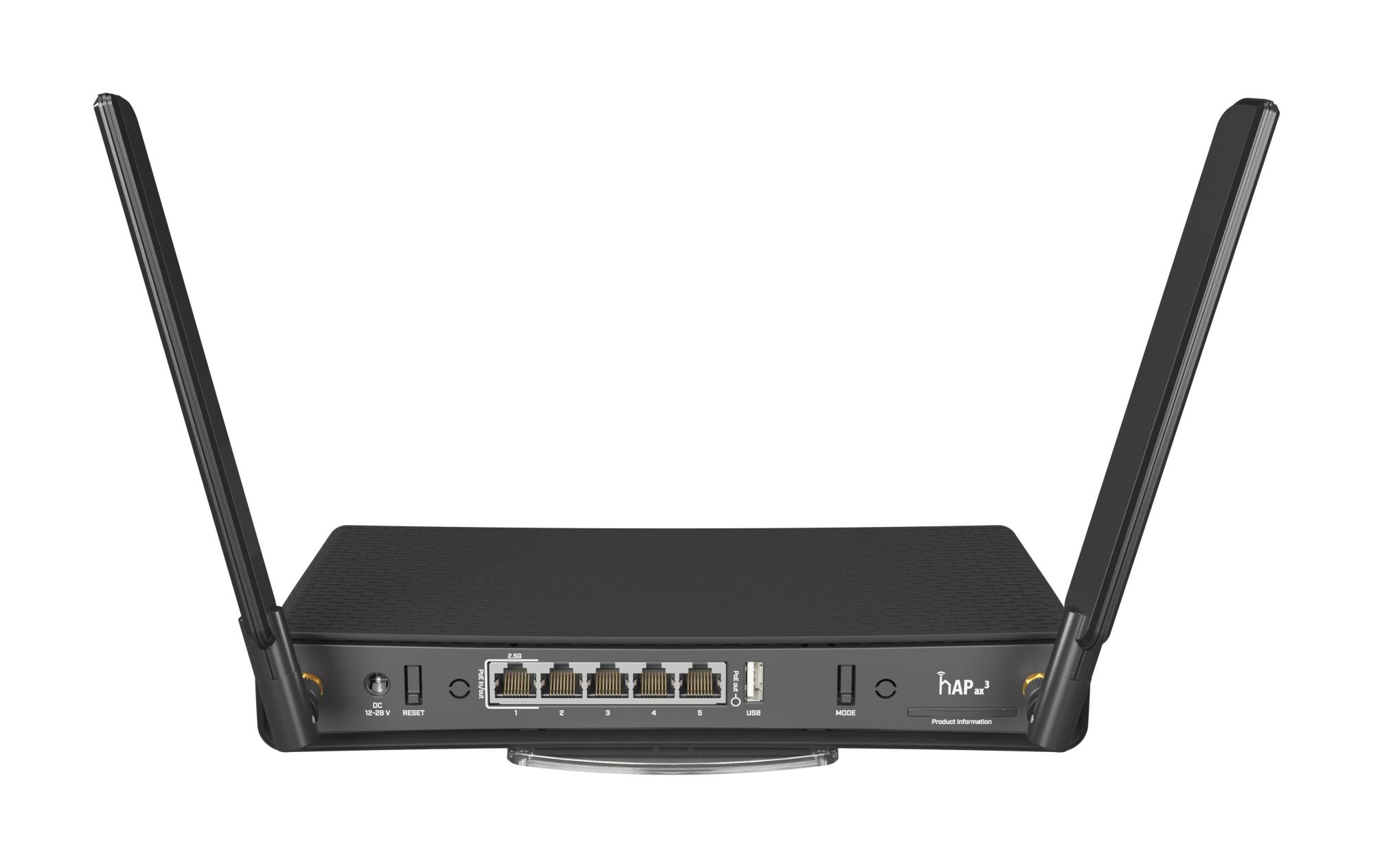 e504d3b4-1427-4212-9019-3d9276868888 MikroTik hAP ax³ su matomais išoriniais antenomis ir prievadų išdėstymu