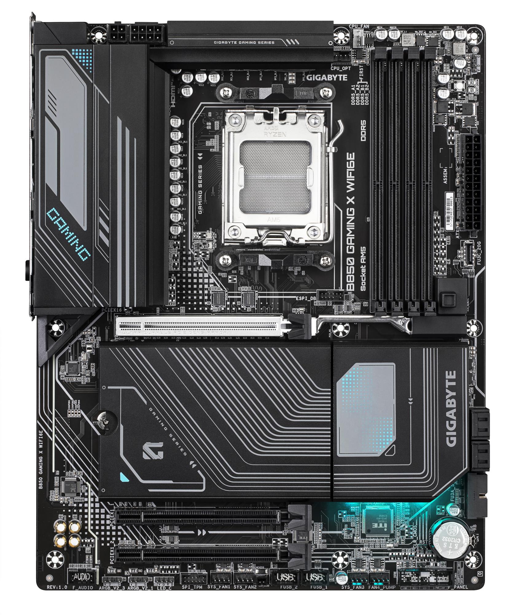 0015f68a-0466-41e5-9d1b-69eb1f8b2585 Motininė plokštė Gigabyte B850 GAMING X WIFI6E, viršutinis vaizdas su jungčių išdėstymu
