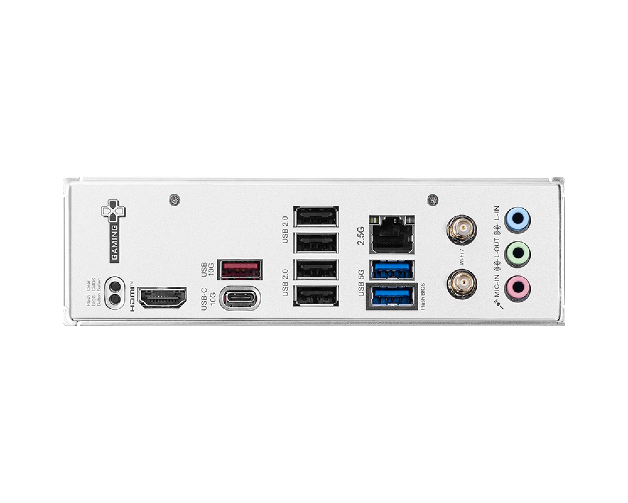 213ae24a-7007-43a2-9018-c1e295900fac Motininė plokštė MSI B840 GAMING PLUS WIFI, viršutinė dalis su jungtimis ir lizdais