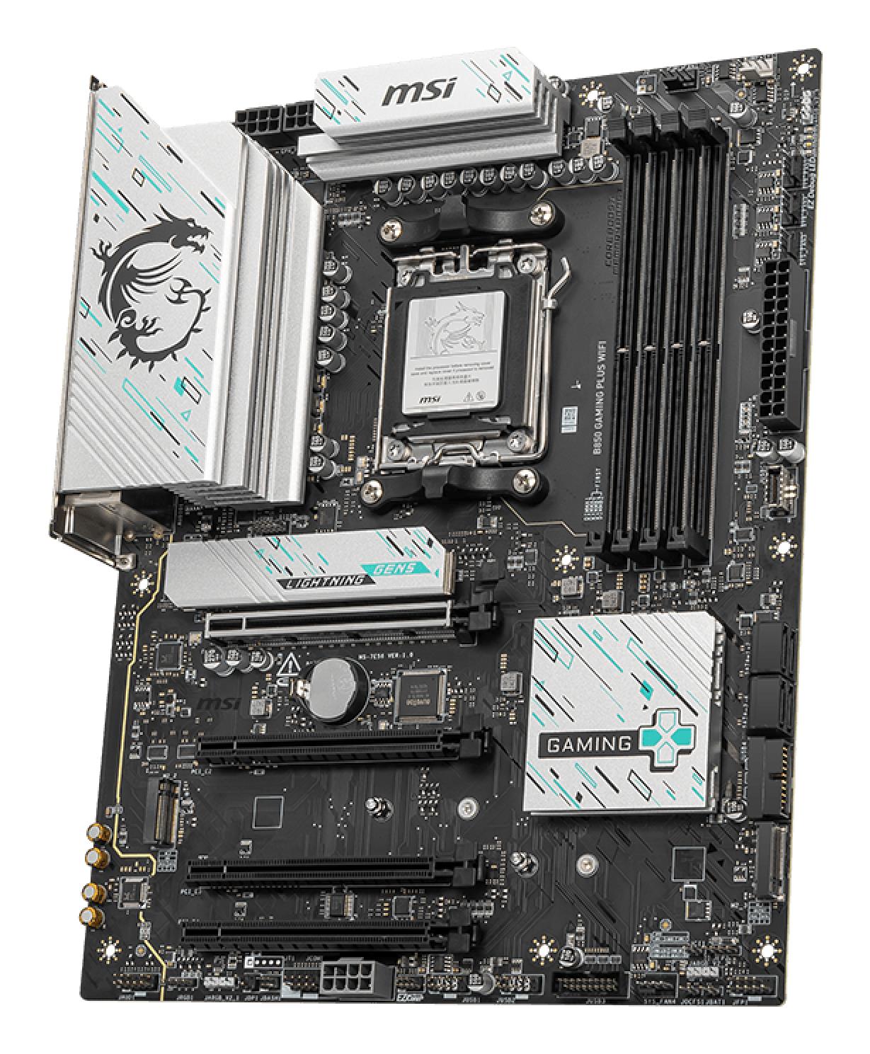 44f33e99-fa6f-4620-9976-babf9d890354 Motininė plokštė MSI B850 GAMING PLUS WIFI, viršutinė pusė su jungtimis