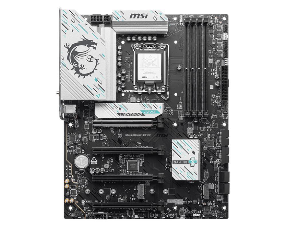 4b54a8be-a032-4055-81b6-02b1439bc89e Motininė plokštė MSI B860 GAMING PLUS WIFI, viršutinis vaizdas su jungčių išdėstymu