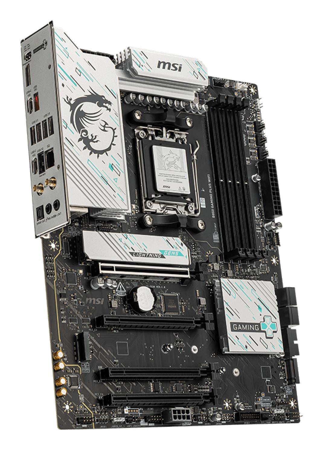 616d5cfe-688d-47e2-9731-9c0f0d394f0a Motininė plokštė MSI B850 GAMING PLUS WIFI, šoninis vaizdas su jungtimis