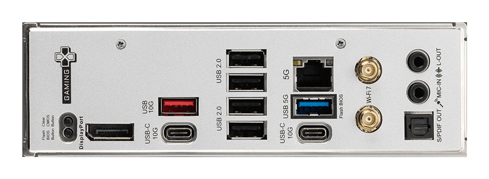 649d3935-eb96-40f8-b711-b6ca339207f6 Motininė plokštė MSI B850 GAMING PLUS WIFI, viršutinis vaizdas su jungtimis