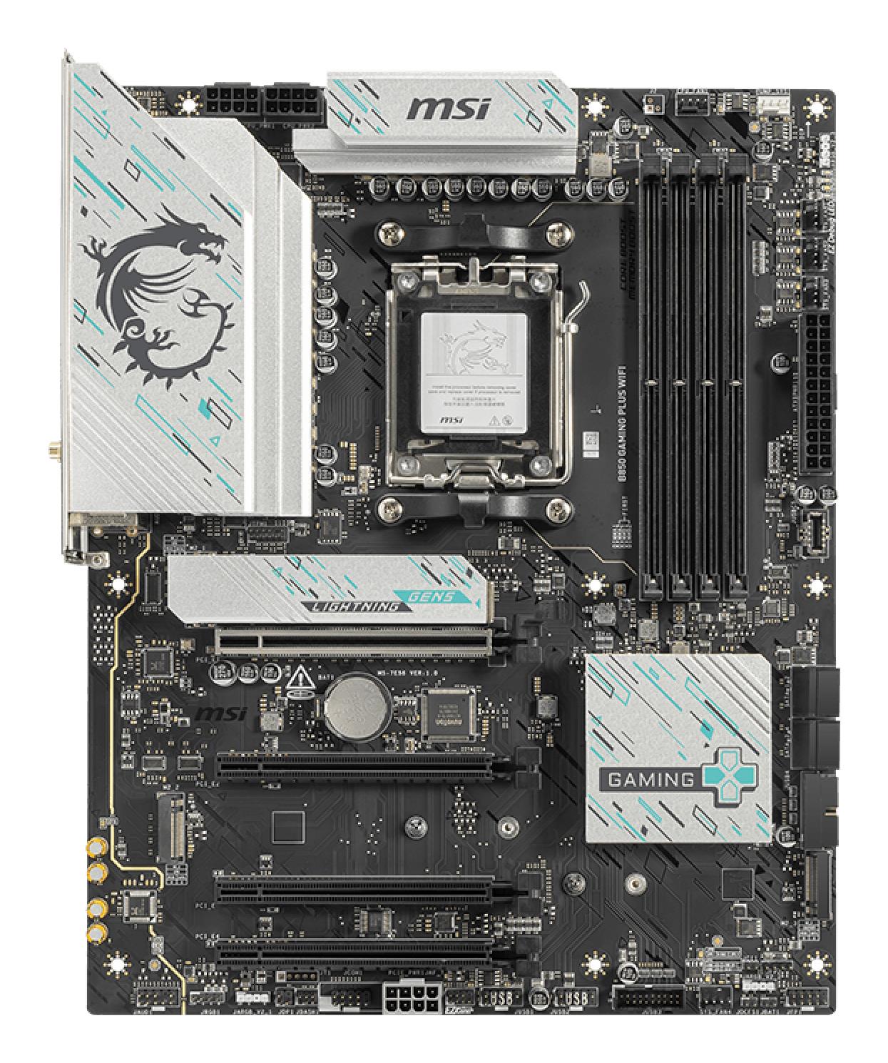 67414920-2dd0-440f-9eac-1b4108837eee Motininė plokštė MSI B850 GAMING PLUS WIFI, viršutinis vaizdas su jungtimis