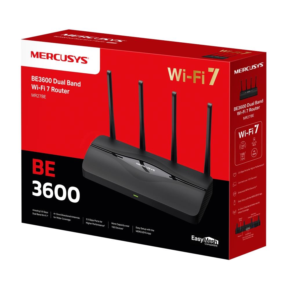 7b2c6e55-fce5-436c-b2ee-8f178e198e71 Routerio MERCUSYS MR27BE, matomas iš šono su Ethernet LAN prievadais