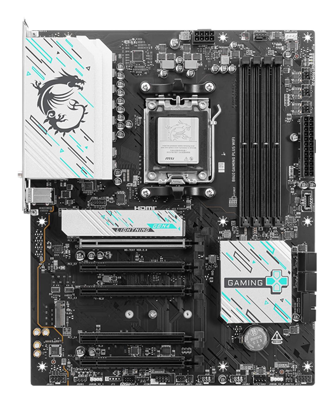 e4b782a6-7beb-431f-b06b-bc0eae134538 Motininė plokštė MSI B840 GAMING PLUS WIFI, viršutinė pusė su jungtimis ir lizdais