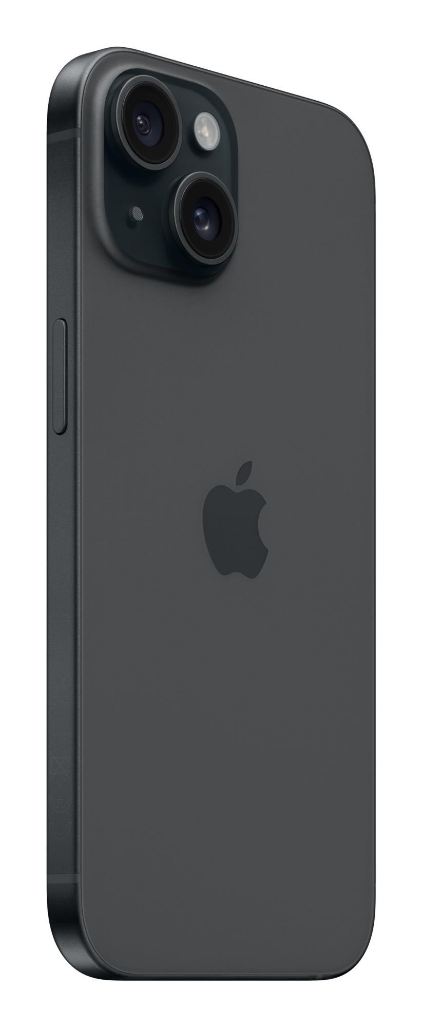 1970ece5-694a-41fb-854e-c32fdc232919 iPhone 15 juodas, šoninis vaizdas su ekrano ir mygtukų išdėstymu