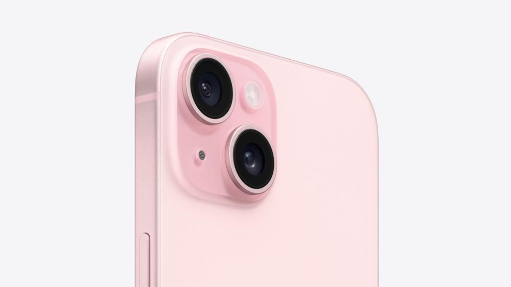 1b21149d-e233-47ab-825d-ebfcb2dd094a iPhone 15 128GB rožinė spalva, matomas galinis korpusas ir kamera