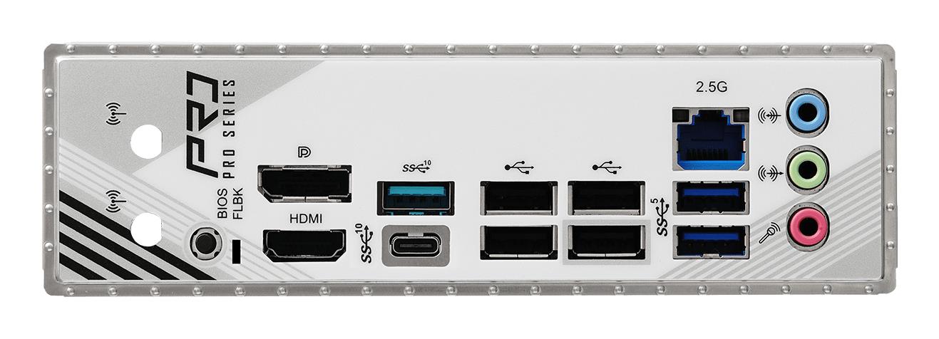 2afeefc2-2ec5-42a1-b33e-f3355b711edc-1 Motininė plokštė ASRock B850M PRO RS, vaizdas iš šono su jungčių išdėstymu