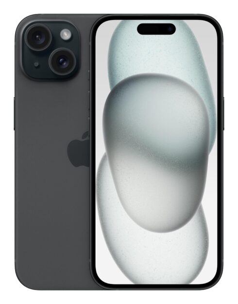 iPhone 15 juodas su A16 Bionic ir 6.1 colio Super Retina XDR ekranu