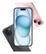 iPhone 15 juodas, šoninis vaizdas su matomu ekranu ir kamera