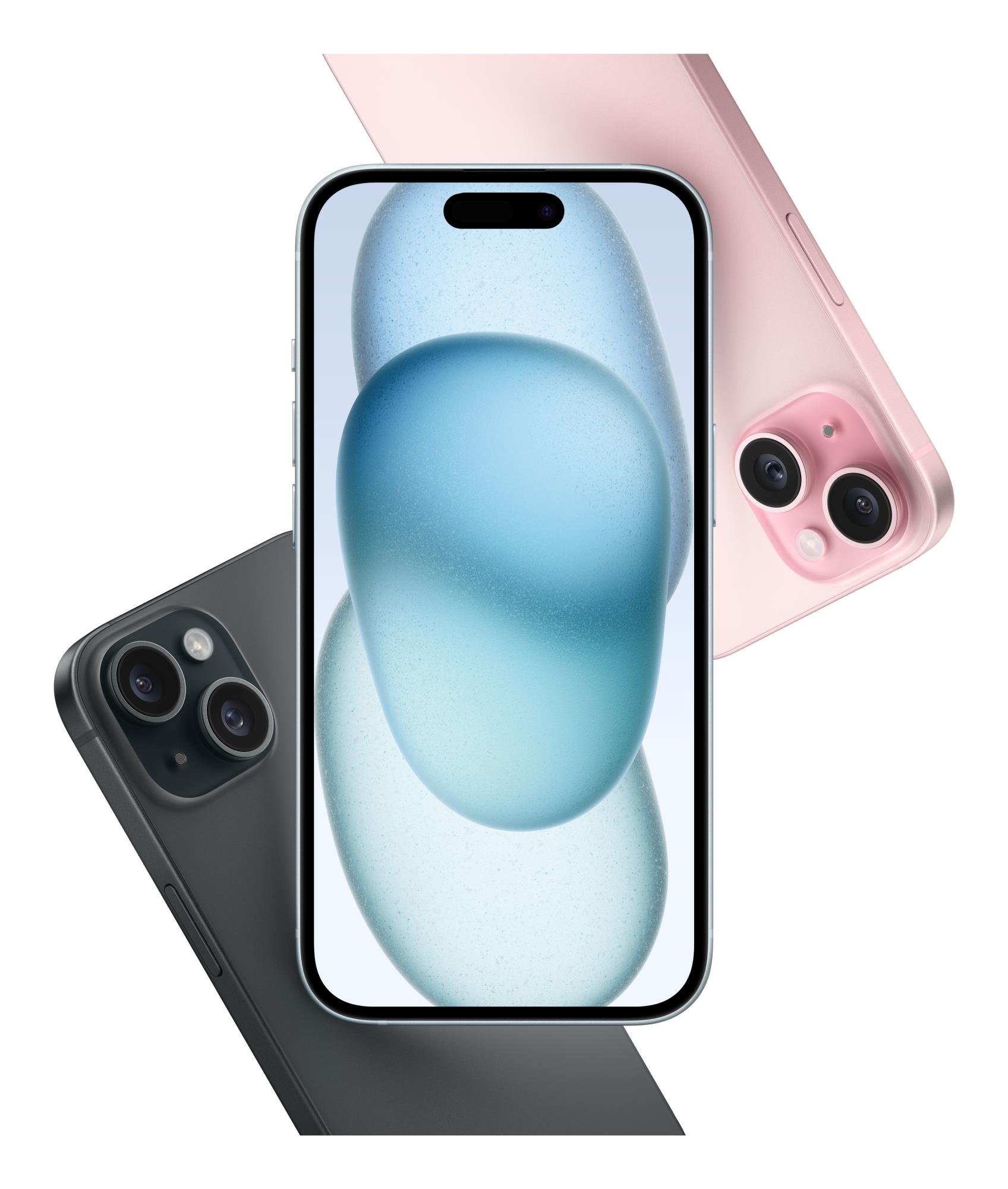 43ce253e-c927-4267-852a-a573fd6f1ba0 iPhone 15 juodas, šoninis vaizdas su matomu ekranu ir kamera