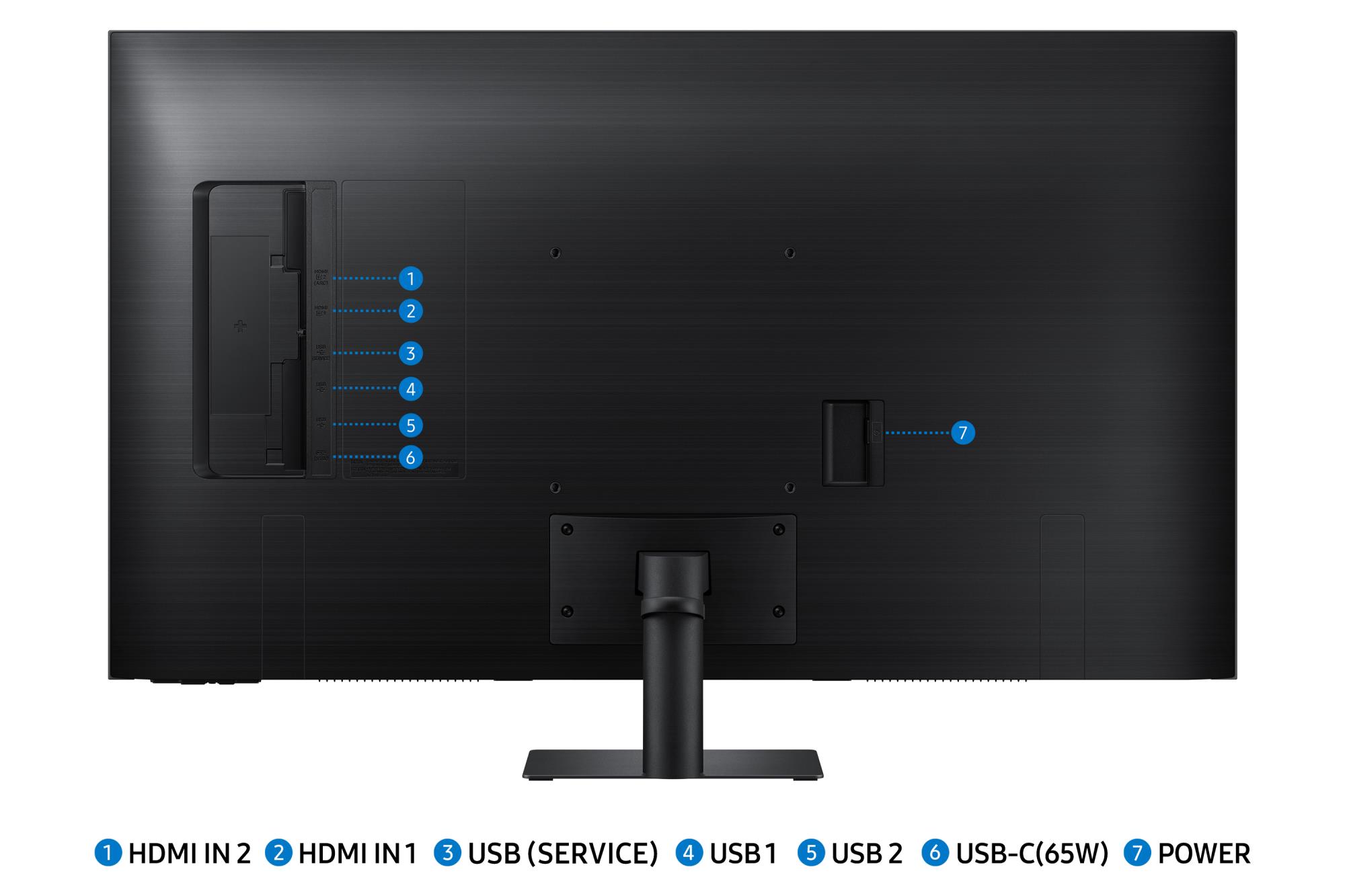 51c439aa-e9cd-490e-be86-1e55e931697f Monitorius Samsung LS43DM702UUXDU, šoninis vaizdas su HDMI prievadų išdėstymu